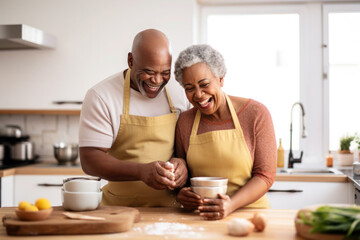 African married middle aged mature couple baking in the kitchen
