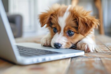 Cute puppy looking at laptop or computer.