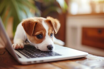 Cute puppy looking at laptop or computer. - obrazy, fototapety, plakaty