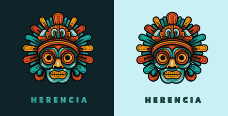 Maya traditional mask vector logo. Aztec culture face illustration design isolated on background, symbol of mexican ancient religion icon art - obrazy, fototapety, plakaty