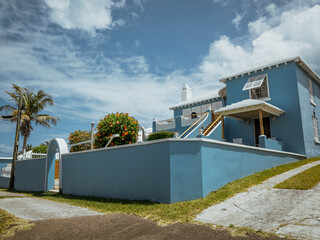 Traditional colourful houses with environment friendly stepped roofs in Bermuda
