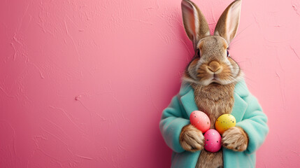 Adorable Easter Bunny Holding Colorful Eggs on Pink Background