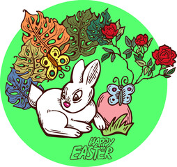 Easter bunny with basket, eggs, flowers, butterfly. Decorative vector design composition for poster print, greeting card, kids party invitation. Hand drawn illustration. Vintage cartoon style drawing.
