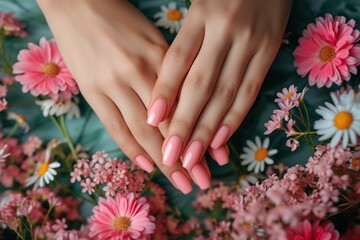 Obraz na płótnie Canvas Woman hands with trendy polish manicure on background.