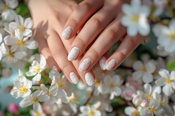 Fototapeta premium Woman hands with trendy polish manicure on background.