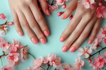  Woman hands with trendy polish manicure on background. © ant
