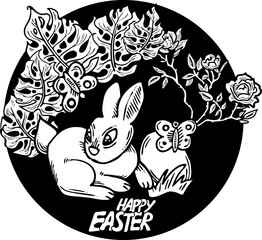 Easter bunny with basket, eggs, flowers, butterfly. Decorative vector design composition for poster print, greeting card, kids party invitation. Hand drawn illustration. Vintage cartoon style drawing.