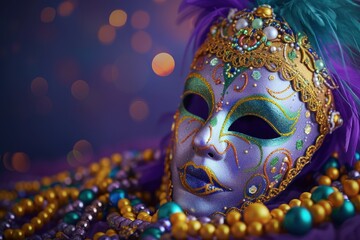 Copy space background of Mardi Gras carnival mask and beads on purple background. - Powered by Adobe
