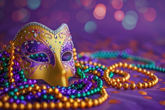 Copy space background of Mardi Gras carnival mask and beads on purple background.
