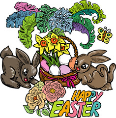 Easter bunny with basket, eggs, flowers, butterfly. Decorative vector design composition for poster print, greeting card, kids party invitation. Hand drawn illustration. Vintage cartoon style drawing.