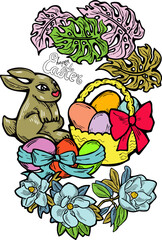 Easter bunny with basket, eggs, flowers, butterfly. Decorative vector design composition for poster print, greeting card, kids party invitation. Hand drawn illustration. Vintage cartoon style drawing.