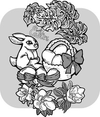 Easter bunny with basket, eggs, flowers, butterfly. Decorative vector design composition for poster print, greeting card, kids party invitation. Hand drawn illustration. Vintage cartoon style drawing.