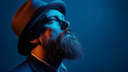 Obraz na płótnie Canvas Close up portrait of a bearded man in hat and suit, posing in profile in studio, studio lights, isolated on dark blue background. Horizontal view.