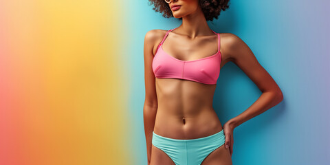 slender woman in a pink top and teal bikini bottoms against a gradient rainbow background