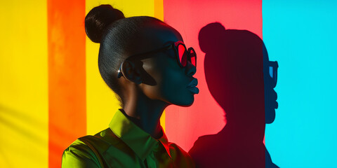 Striking portrait of a black model with glasses casting a bold shadow on a vibrant background.