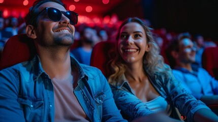 happy couple watching movie in theater or cinema 
