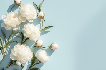 Fototapeta premium White peony rose on light blue background with copy space for text.