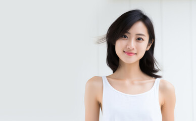 Portrait of a young, beautiful Asian woman similing on a white background. Copy space for text, message, logo, advertising.
