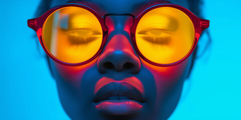 Vibrant Neon Portrait of Fashion Black Model with Stylish Glasses
