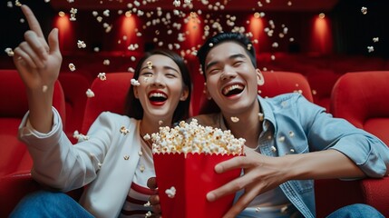 Happy trip of asian couple sweet sit togather on red seat and looking movie in cinema with fun a popcorn on hand, people relax and holiday activity on a weekend - obrazy, fototapety, plakaty