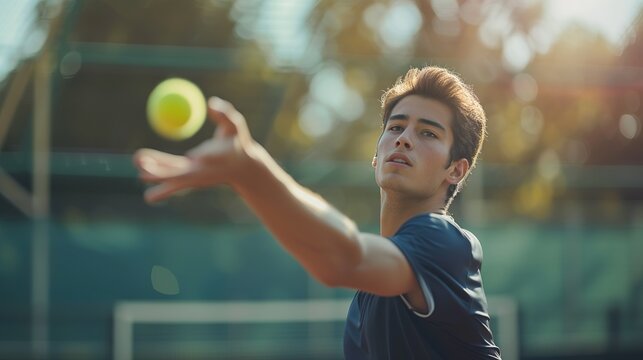 Male tennis player catches a tennis ball using one hand. Sportsman practicing his skills and techniques as he trains on the tennis court. This photo has intentional use of 35mm film grain.