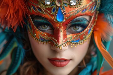 Young woman with mask and carnival costume in carnival.