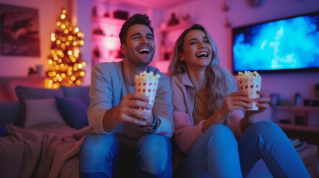 Young happy couple watching movie on TV and eating popcorn while relaxing in the living room