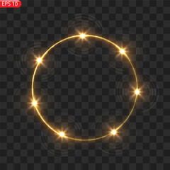 Gold circles frame with glitter light effect. A golden flash flies in a circle in a luminous ring.