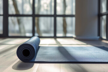 Yoga mat laid on the floor Sport fitness concept.