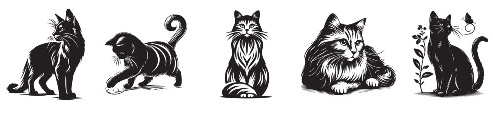 Cats vector illustration silhouette, set of collection without colored illustrations