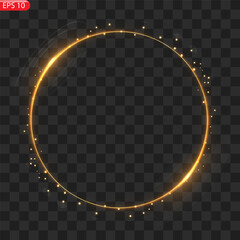 Gold circles frame with glitter light effect. A golden flash flies in a circle in a luminous ring.