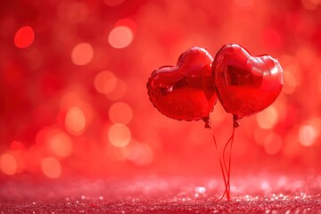 Two red heart shaped balloons on red background with bokeh lights.