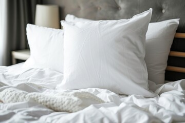 Fototapeta na wymiar Blank soft pillow on the bed in bedroom.