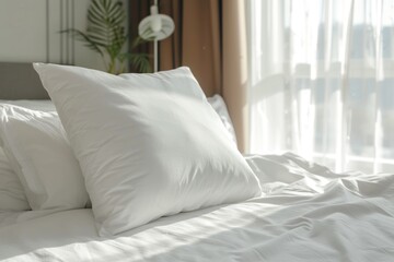 Fototapeta na wymiar Blank soft pillow on the bed in bedroom.
