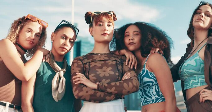 Fashion, gen z and woman friends in city together for girl power, support or trendy style. Portrait, diversity or empowerment and group of young people outdoor on asphalt bridge with attitude