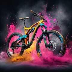 Mountain bike in splashes of color paint on a black background