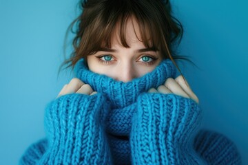 Blue moday concept. Woman in blue turtleneck knitted sweater sadly looking at camera.