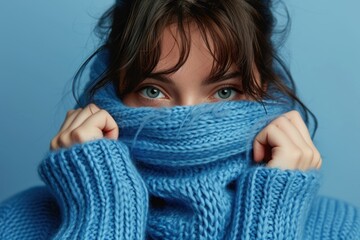Blue moday concept. Woman in blue turtleneck knitted sweater sadly looking at camera.