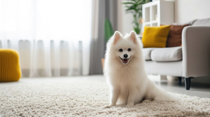 fluffy white domestic dog, spitz lies on the carpet in a modern stylish living room, pet, space for text, scandinavian interior, apartment, cozy home, canine, wool, breed, real estate