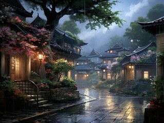 Obraz premium The traditional Chinese landscapes. The gentle caress of rain transforms a beautiful street into a canvas of tranquil beauty, framed by an ethereal backdrop of flowers