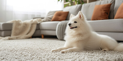 fluffy white domestic dog, spitz lies on the carpet in a modern stylish living room, pet, space for text, scandinavian interior, apartment, cozy home, canine, wool, breed, real estate