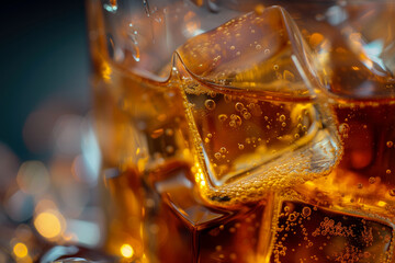 Macro shot of amber whiskey and ice with effervescent bubbles in a clear glass.
