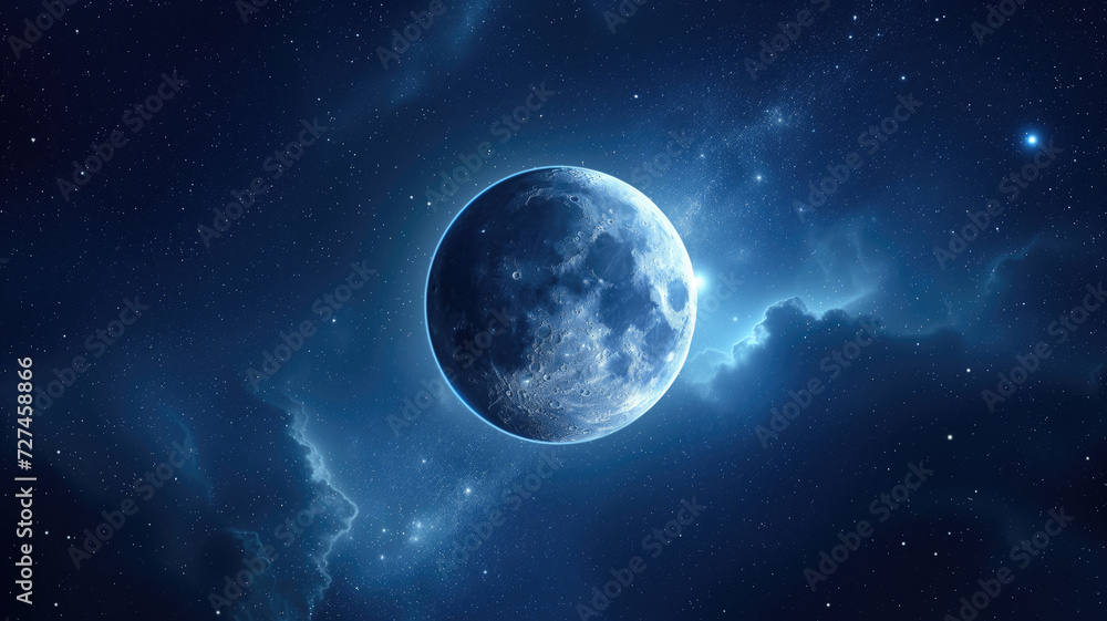 Wall mural moon in space with dark blue universe around and space clouds inside starry nebula. universe science