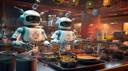 Fototapeta na wymiar Automated culinary adventures robots making cooking an enjoyable experience solid color background