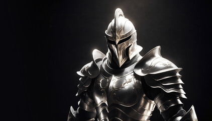 Medieval knight in silver shiny armour. Portrait of a knight warrior. Copy space - obrazy, fototapety, plakaty