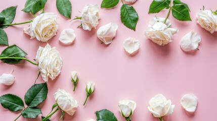 White roses on a pink background with empty space for text for Valentines Day