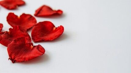 Rose petals on white background with empty space for text for Valentines Day