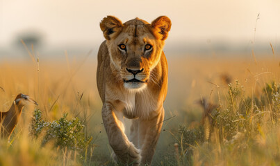 Majestic Lioness Roaming the African Savannah: Witness the Untamed Beauty of Nature's Predators - obrazy, fototapety, plakaty