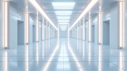 A long hallway with white walls and lights on the ceiling, AI