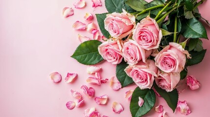 Bouquet of pink roses on pink background with empty space for text for Valentines Day